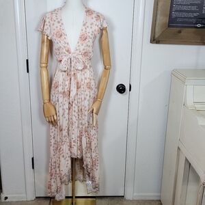 Olivaceous Pink Cottagecore Whimsical High-Low Flutter Sleeve Floral Dress Small